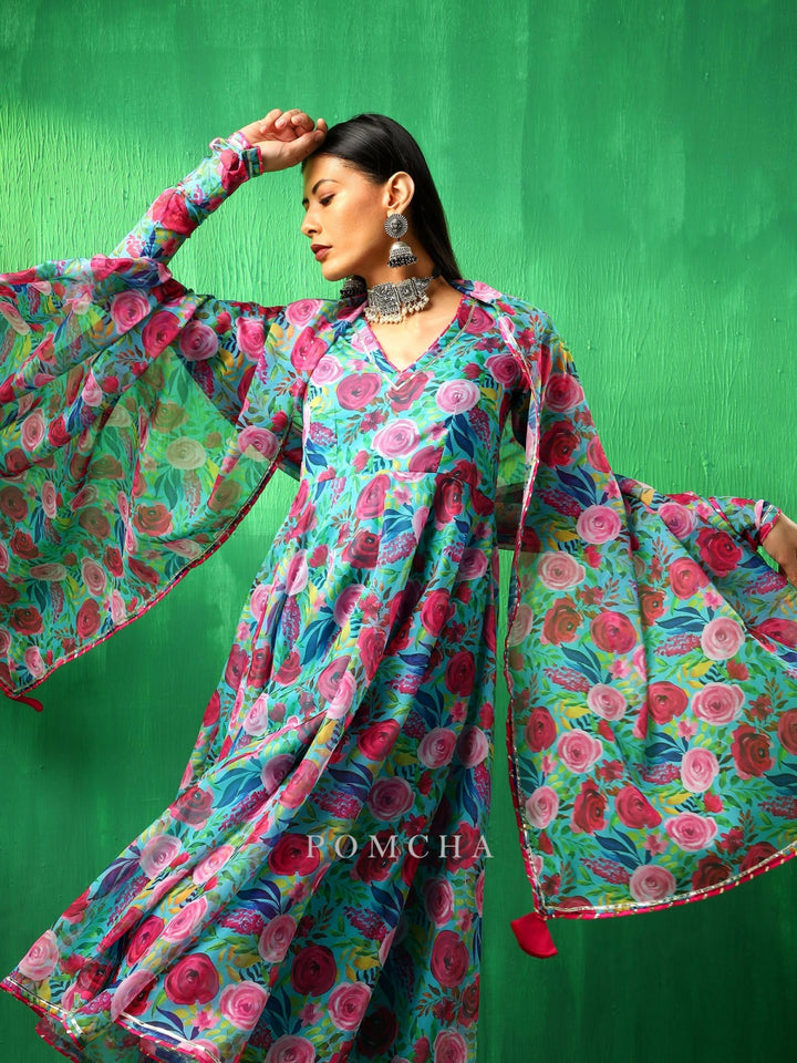 ADAA MULTICOLOR FLORAL ORGANZA ANARKALI SET - Pomcha Jaipur