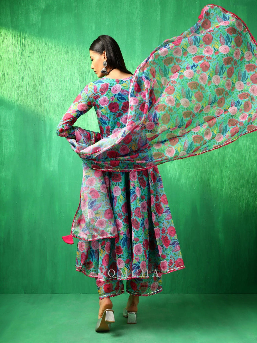 ADAA MULTICOLOR FLORAL ORGANZA ANARKALI SET - Pomcha Jaipur