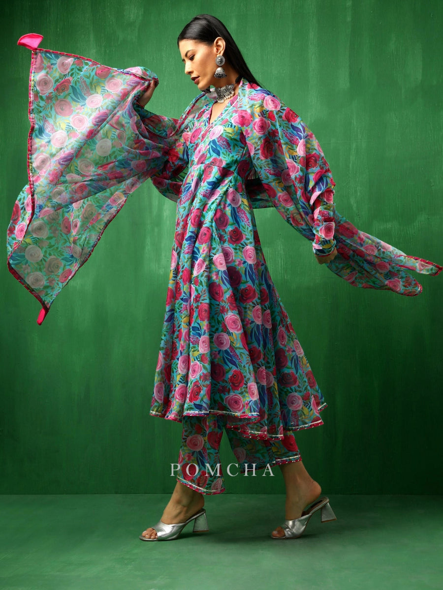 ADAA MULTICOLOR FLORAL ORGANZA ANARKALI SET - Pomcha Jaipur