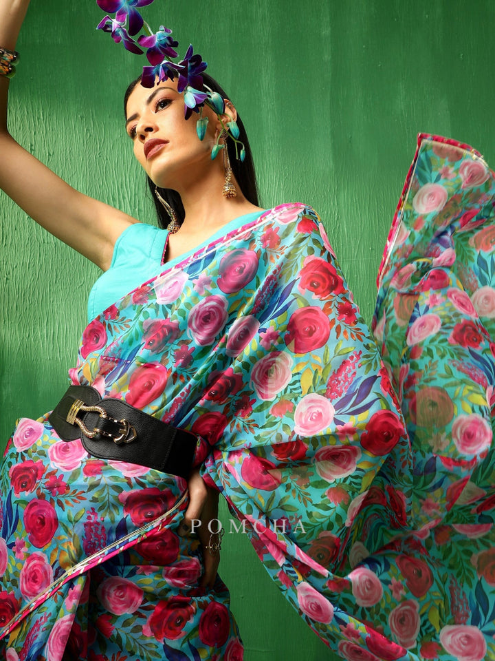 ADAA MULTICOLOR FLORAL ORGANZA SAREE - Pomcha Jaipur