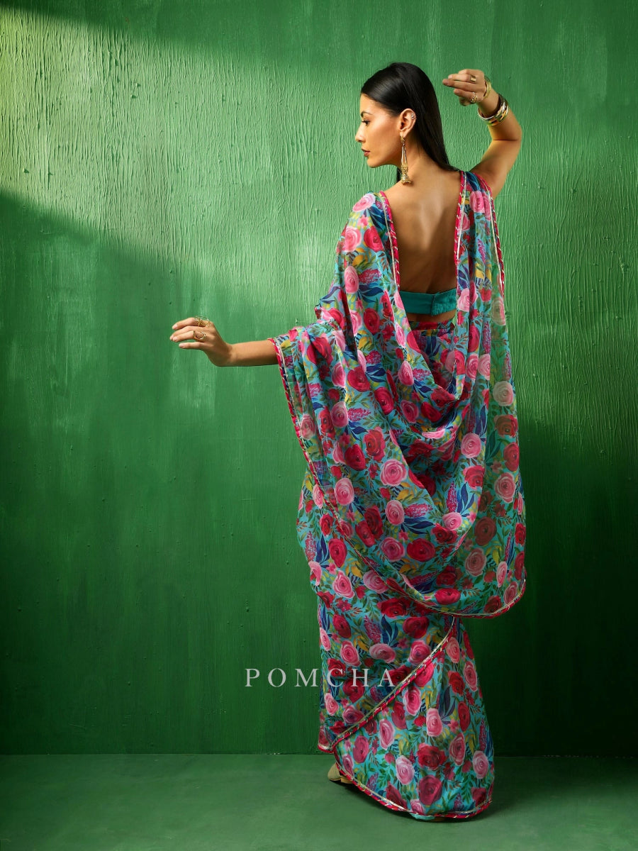 ADAA MULTICOLOR FLORAL ORGANZA SAREE - Pomcha Jaipur