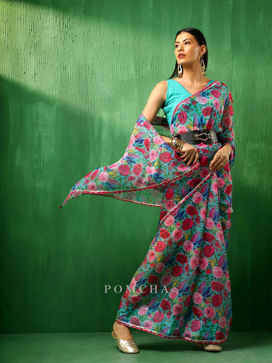 ADAA MULTICOLOR FLORAL ORGANZA SAREE - Pomcha Jaipur