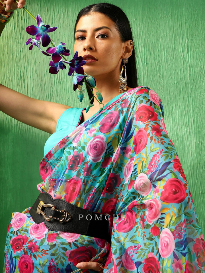 ADAA MULTICOLOR FLORAL ORGANZA SAREE - Pomcha Jaipur