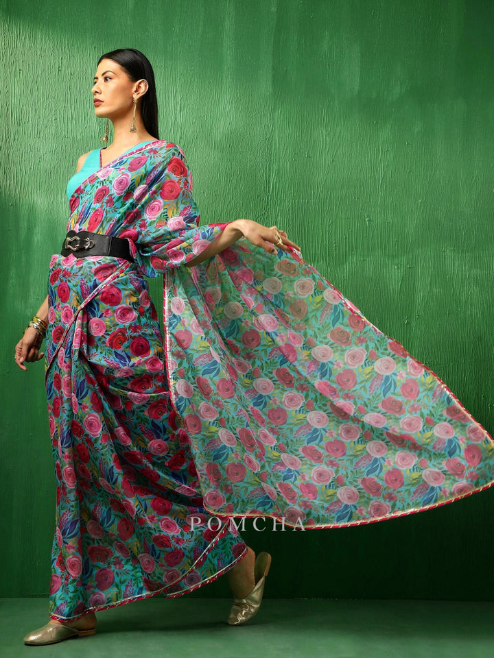 ADAA MULTICOLOR FLORAL ORGANZA SAREE - Pomcha Jaipur