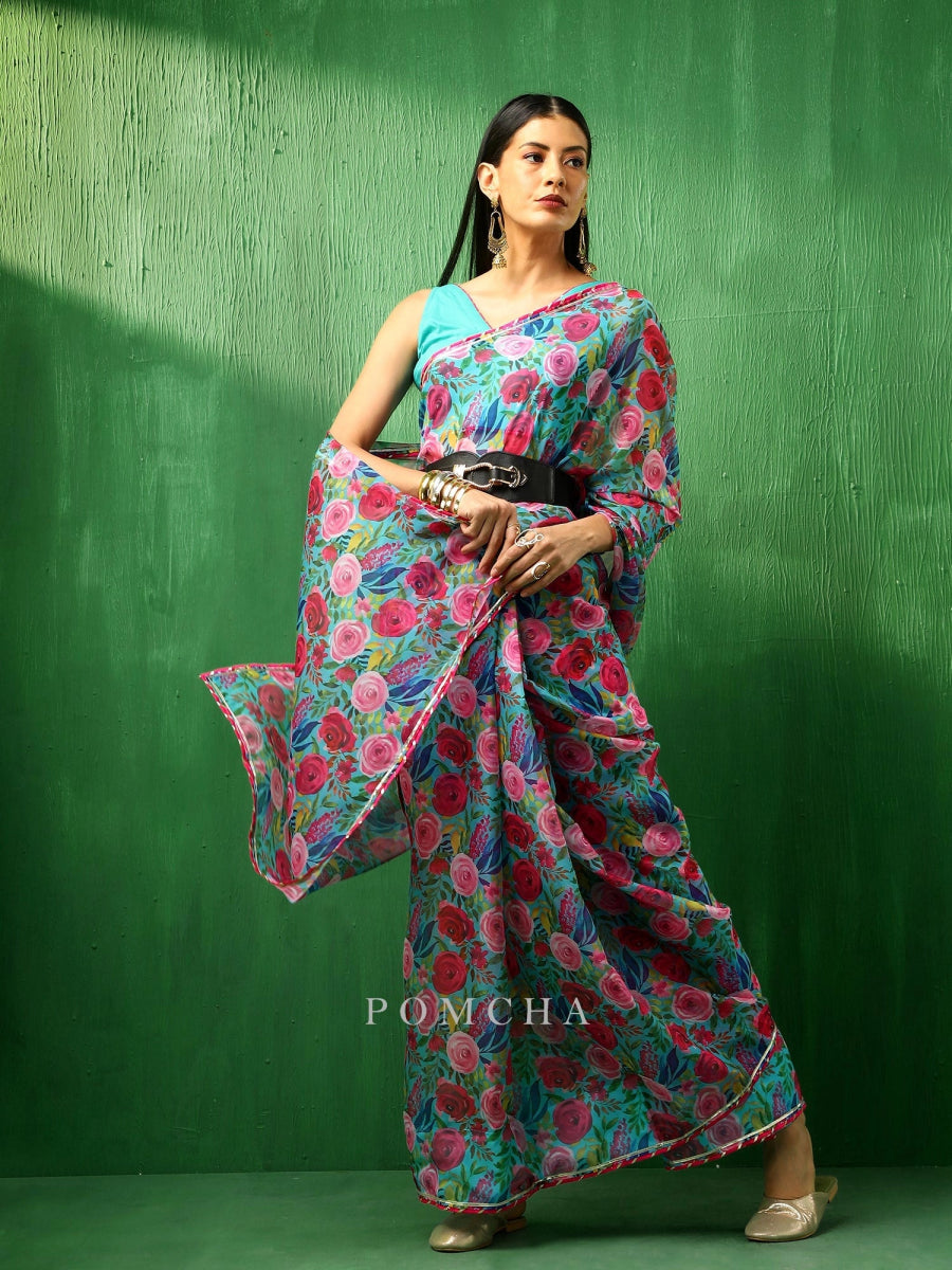 ADAA MULTICOLOR FLORAL ORGANZA SAREE - Pomcha Jaipur