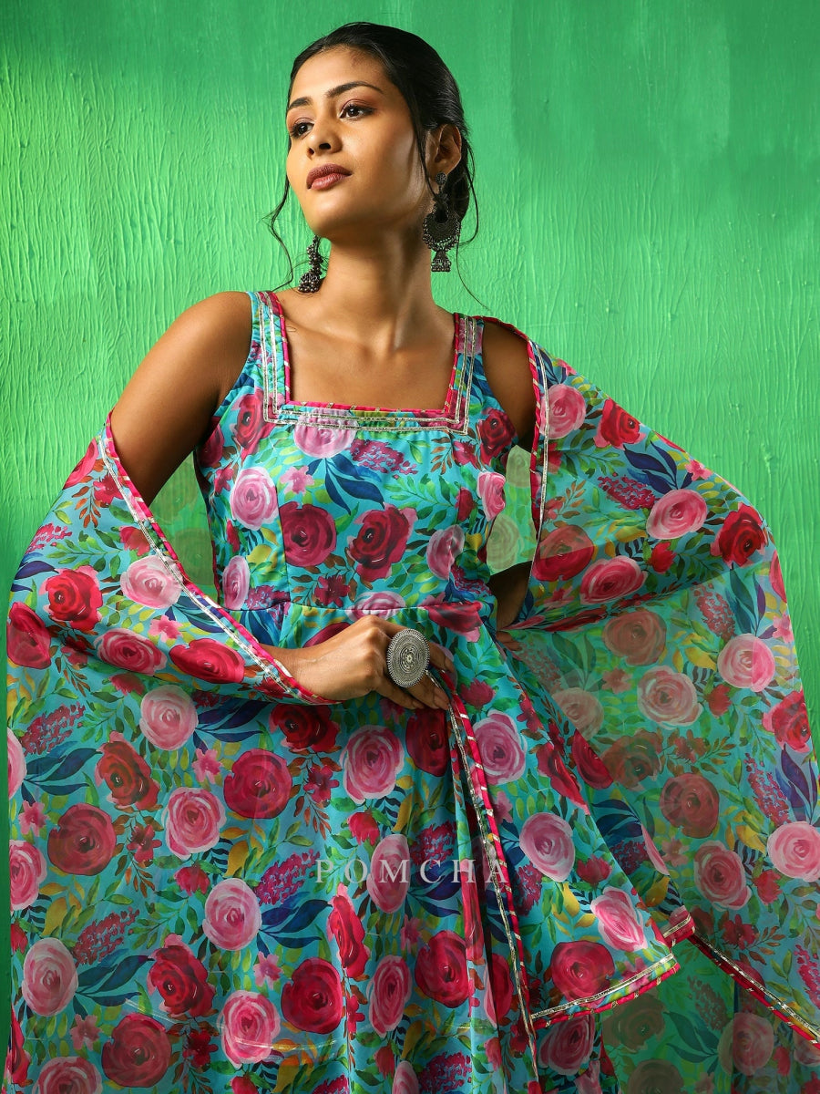 ADAA MULTICOLOR FLORAL ORGANZA SHARARA SET - Pomcha Jaipur