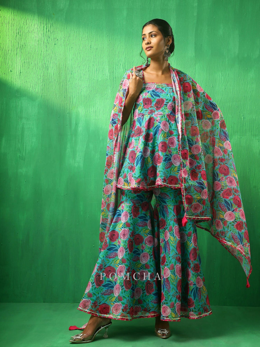 ADAA MULTICOLOR FLORAL ORGANZA SHARARA SET - Pomcha Jaipur