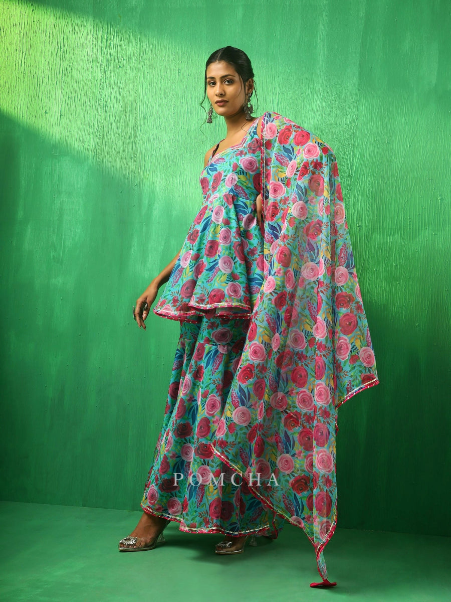 ADAA MULTICOLOR FLORAL ORGANZA SHARARA SET - Pomcha Jaipur