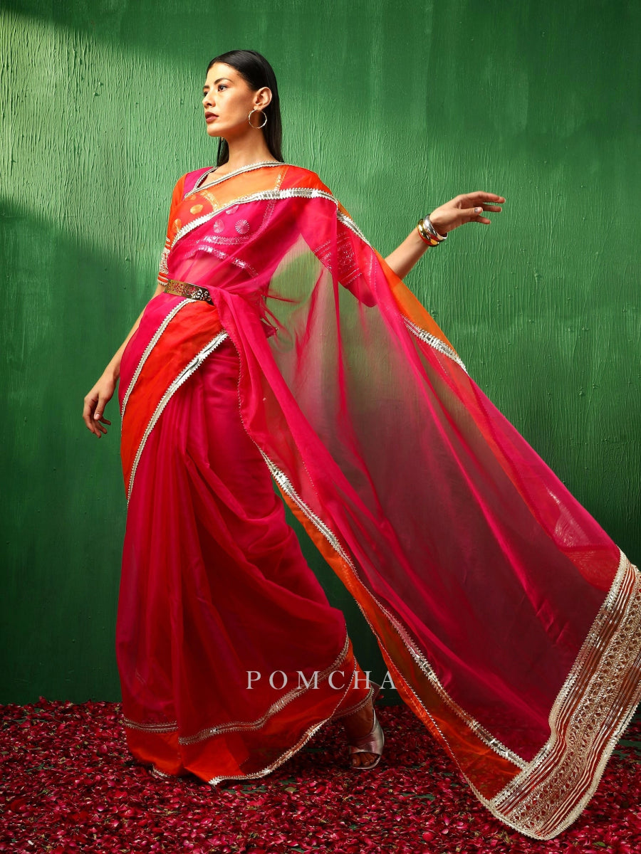 ADAA ORANGE PINK DOUBLE SHADE ORGANZA SAREE - Pomcha Jaipur