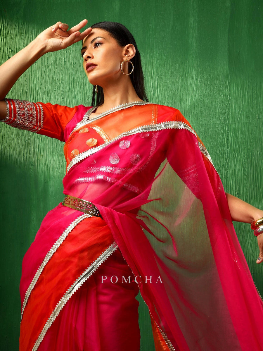 ADAA ORANGE PINK DOUBLE SHADE ORGANZA SAREE - Pomcha Jaipur