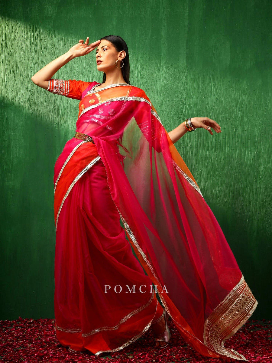 ADAA ORANGE PINK DOUBLE SHADE ORGANZA SAREE - Pomcha Jaipur
