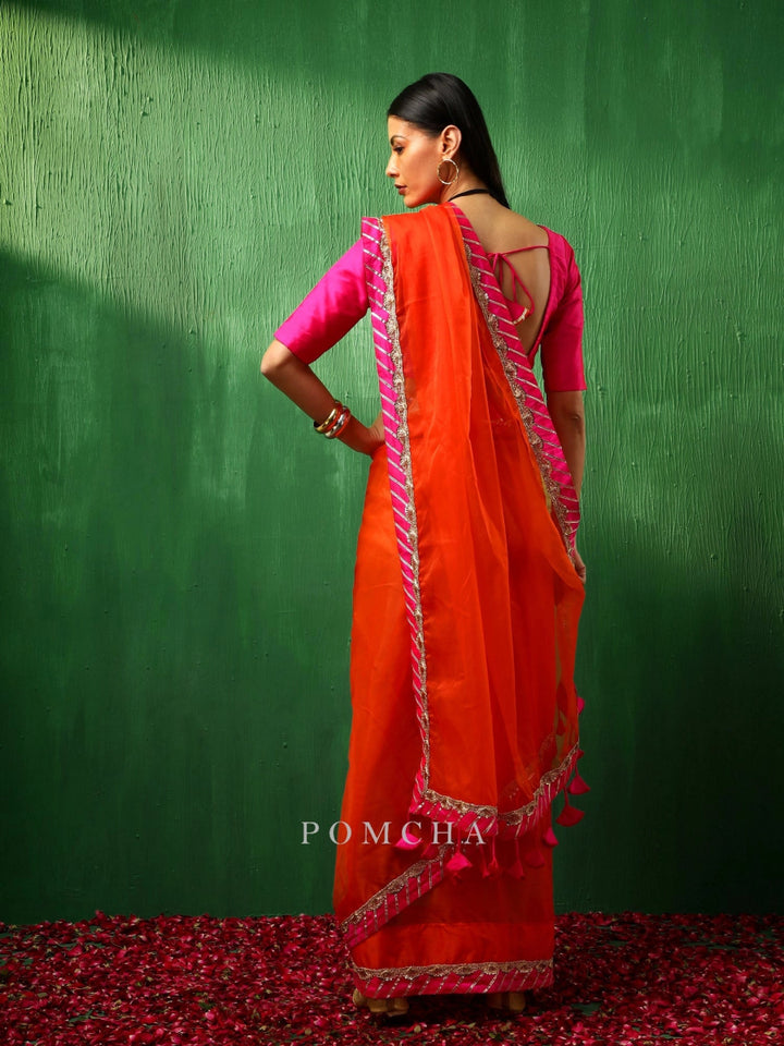 ADAA PINK BORDER ORANGE ORGANZA SAREE - Pomcha Jaipur