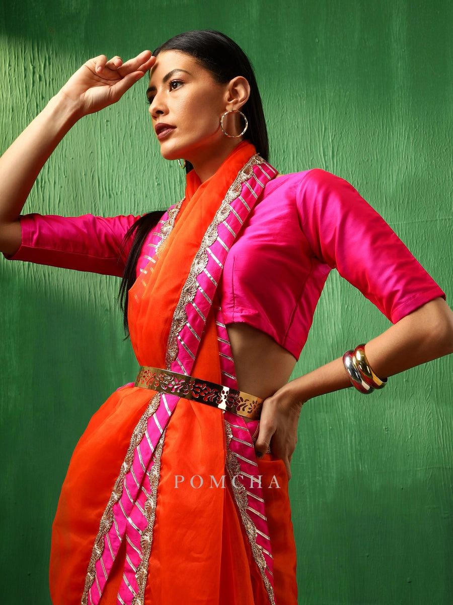 ADAA PINK BORDER ORANGE ORGANZA SAREE - Pomcha Jaipur