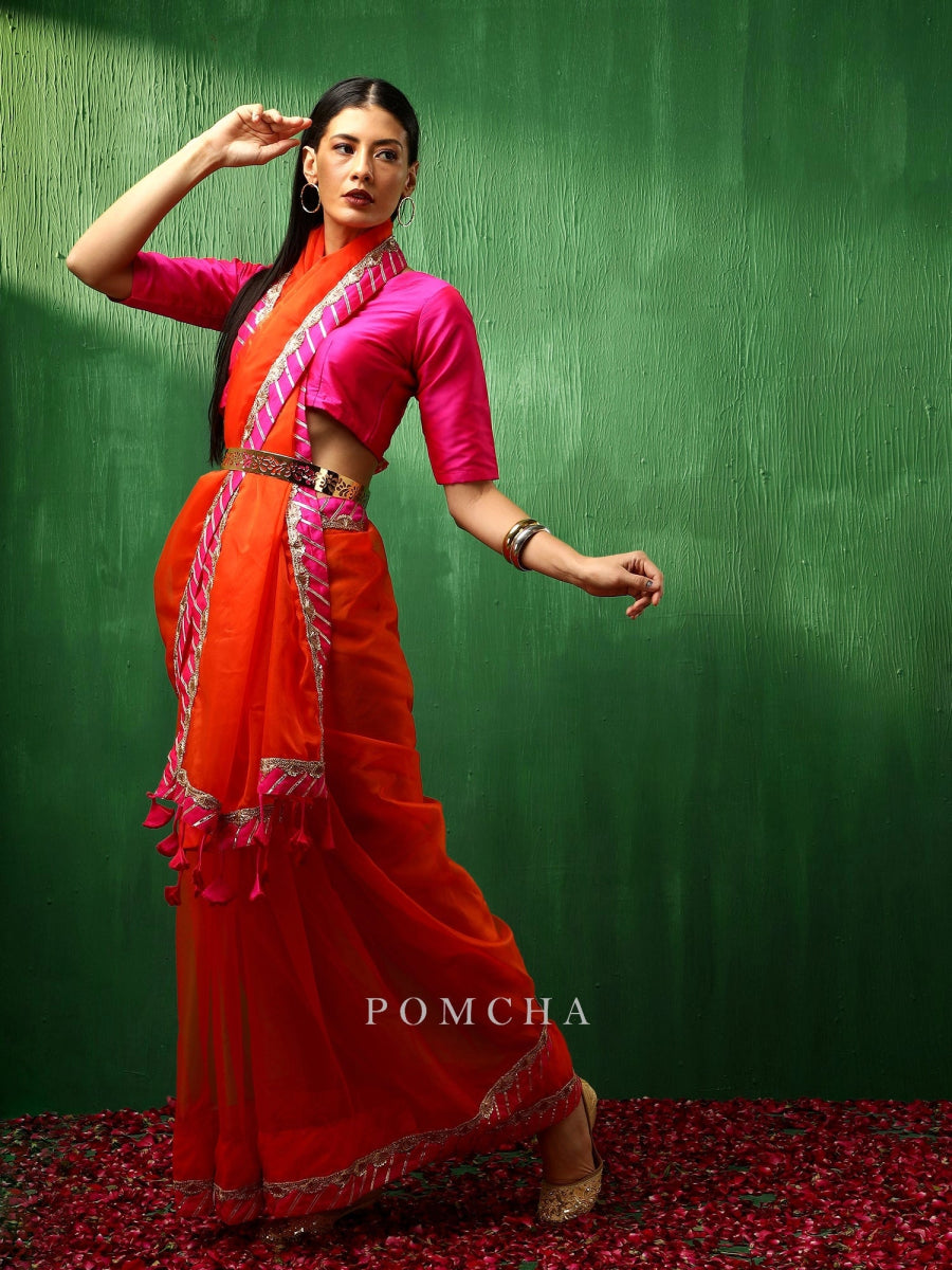 ADAA PINK BORDER ORANGE ORGANZA SAREE - Pomcha Jaipur