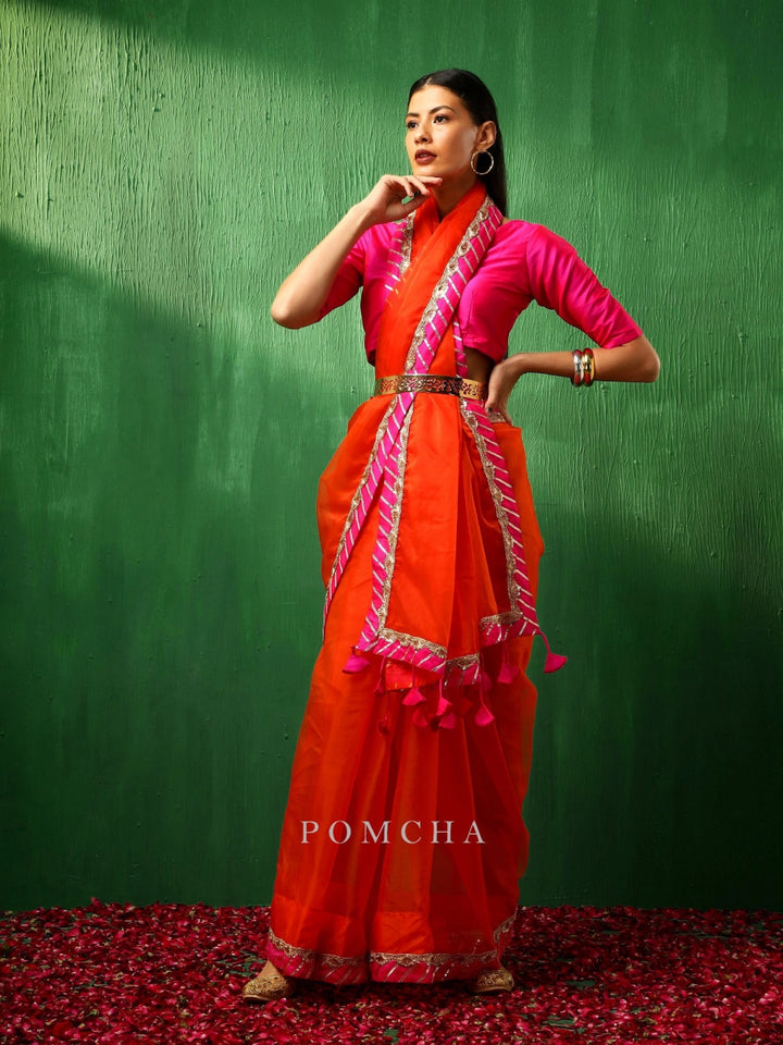ADAA PINK BORDER ORANGE ORGANZA SAREE - Pomcha Jaipur