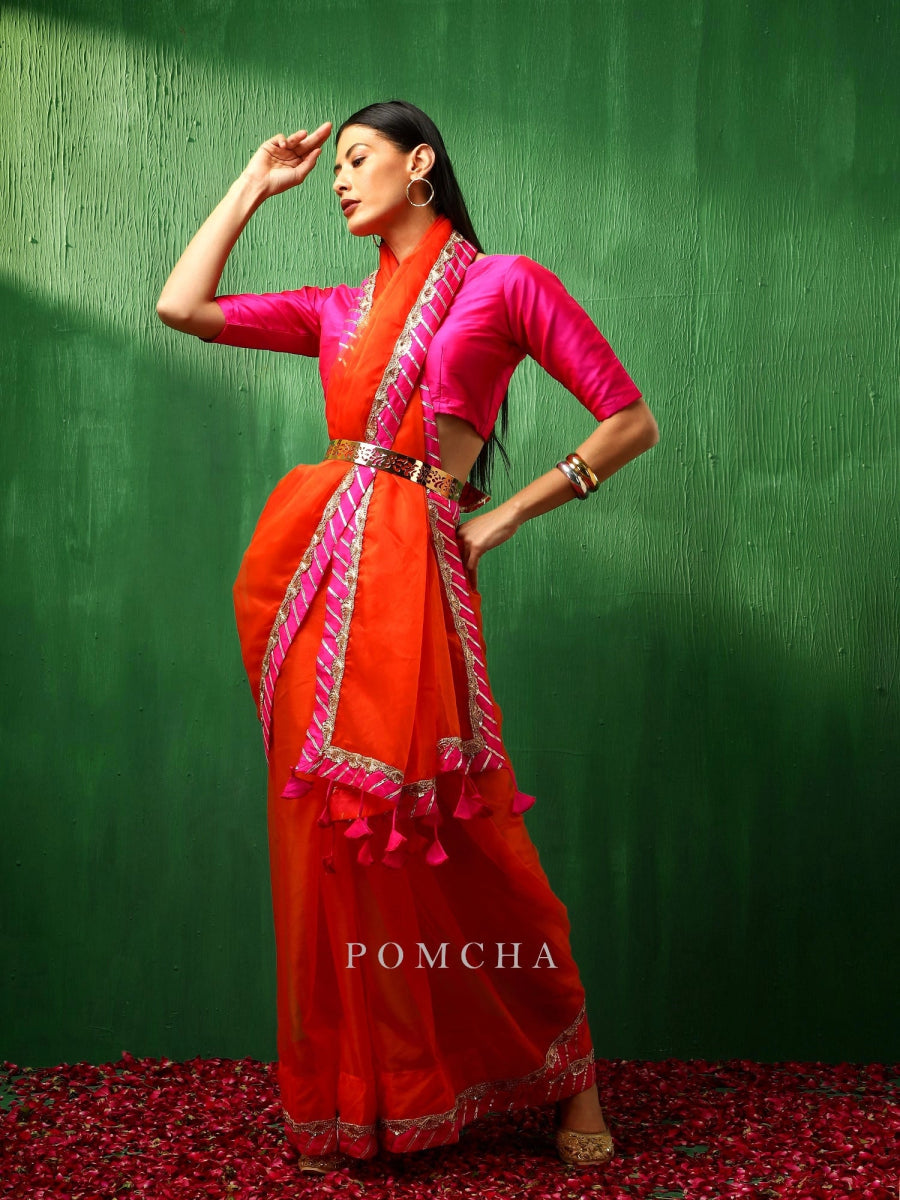 ADAA PINK BORDER ORANGE ORGANZA SAREE - Pomcha Jaipur