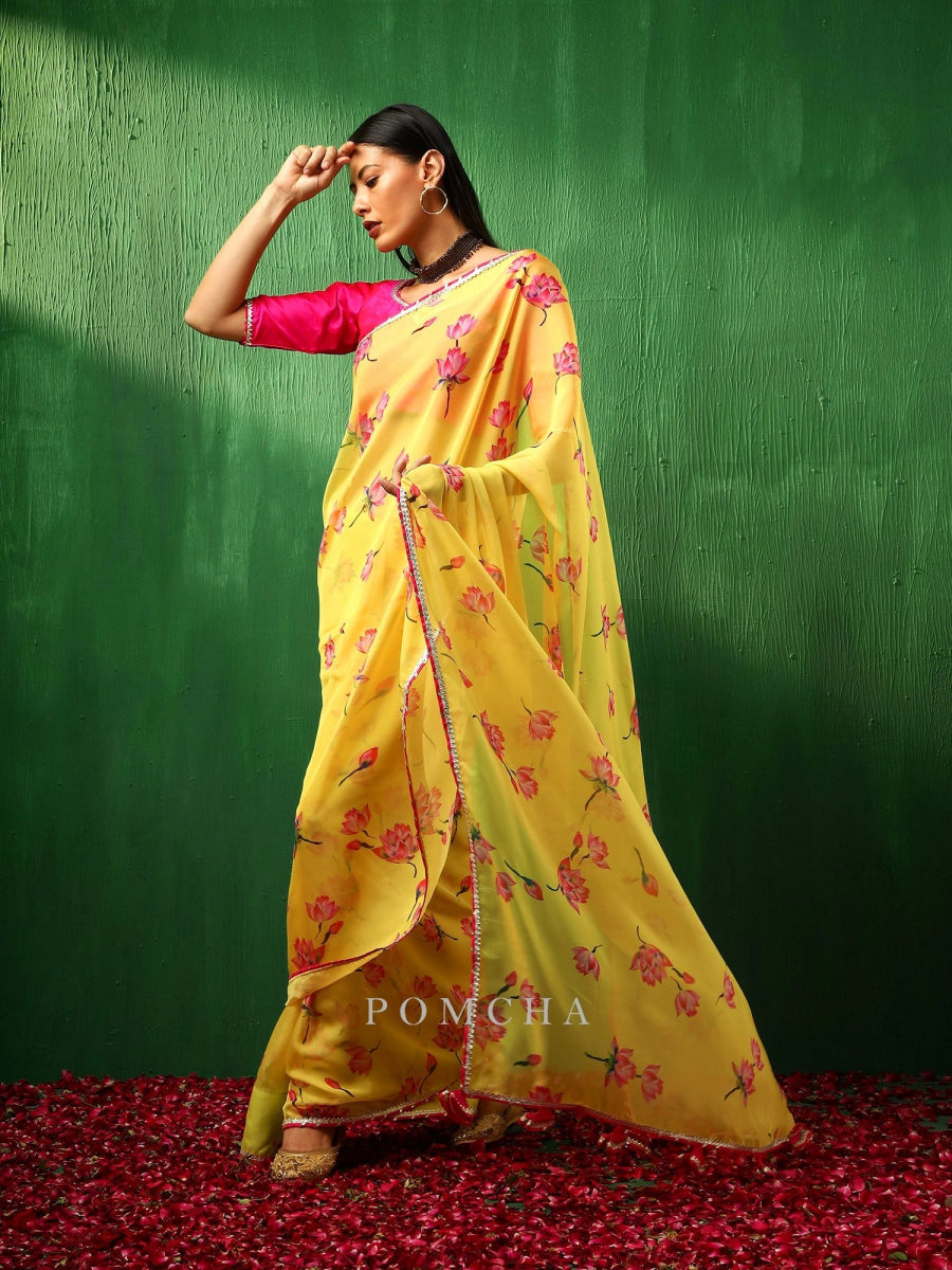 ADAA PINK LOTUS YELLOW ORGANZA SAREE - Pomcha Jaipur