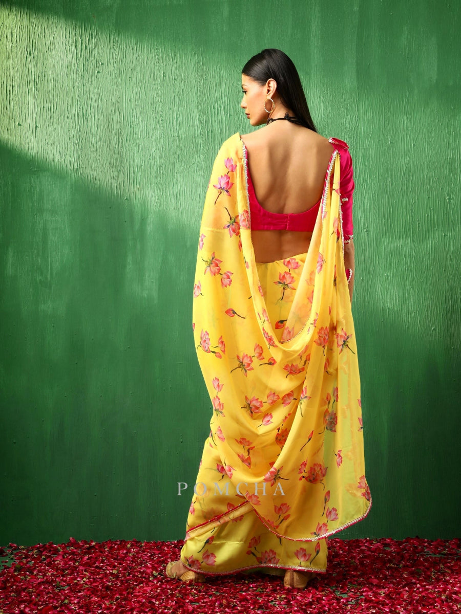 ADAA PINK LOTUS YELLOW ORGANZA SAREE - Pomcha Jaipur