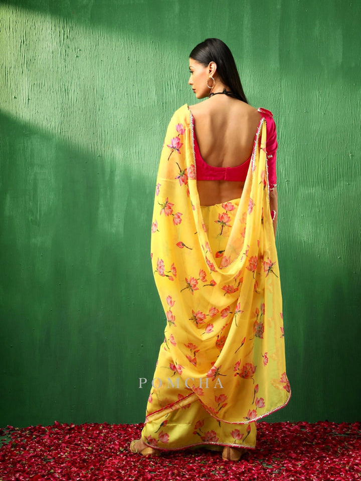 ADAA PINK LOTUS YELLOW ORGANZA SAREE - Pomcha Jaipur
