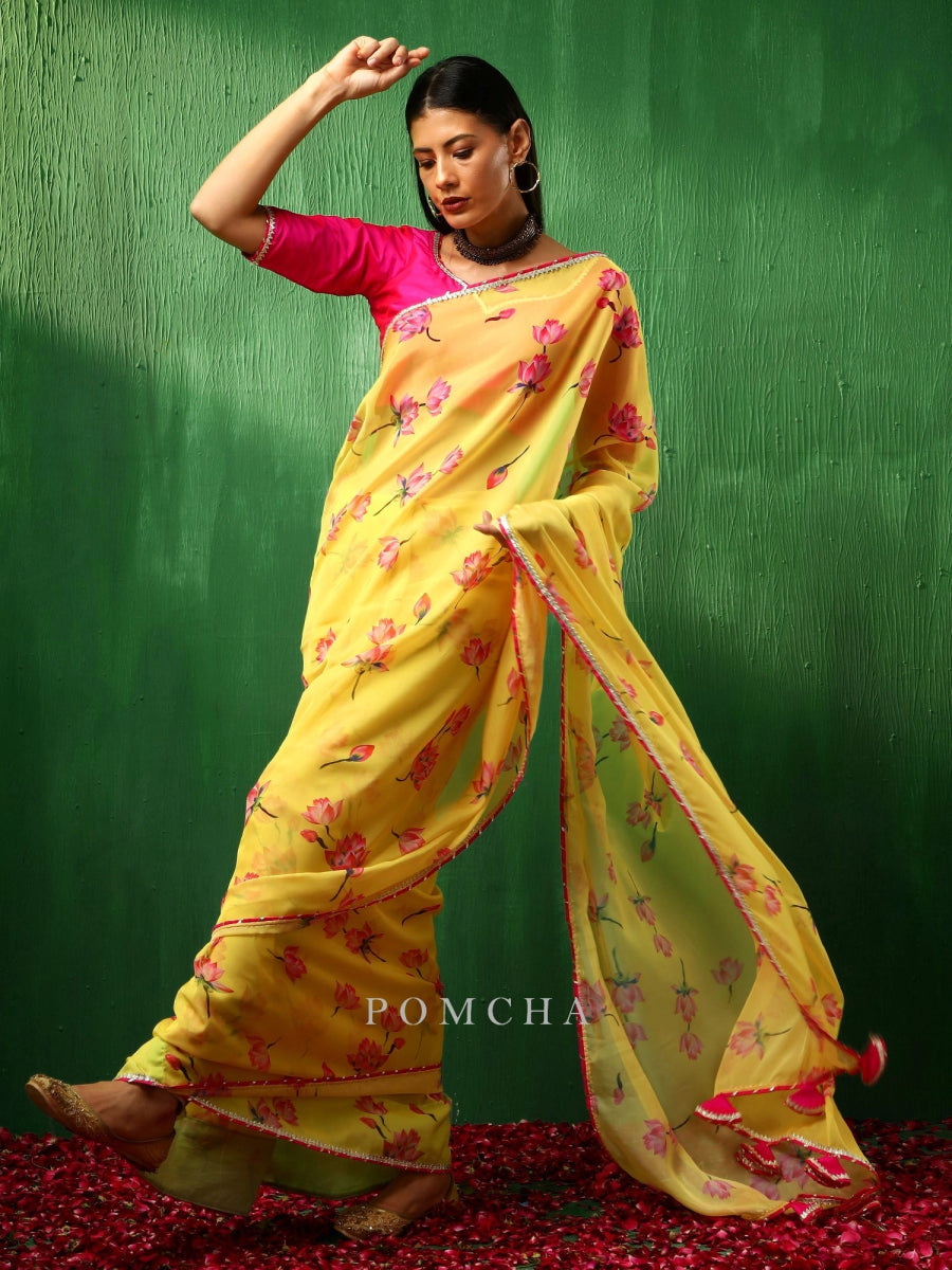 ADAA PINK LOTUS YELLOW ORGANZA SAREE - Pomcha Jaipur