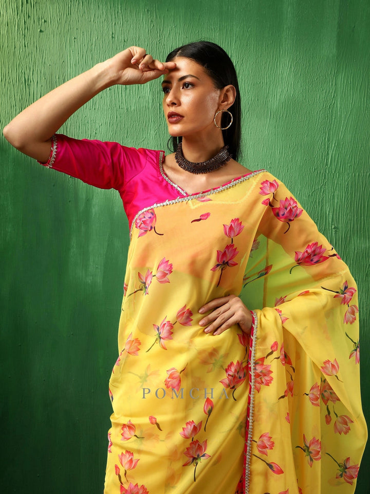ADAA PINK LOTUS YELLOW ORGANZA SAREE - Pomcha Jaipur