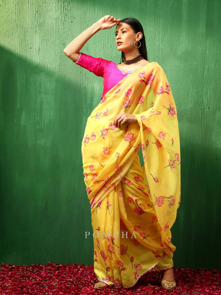 ADAA PINK LOTUS YELLOW ORGANZA SAREE - Pomcha Jaipur