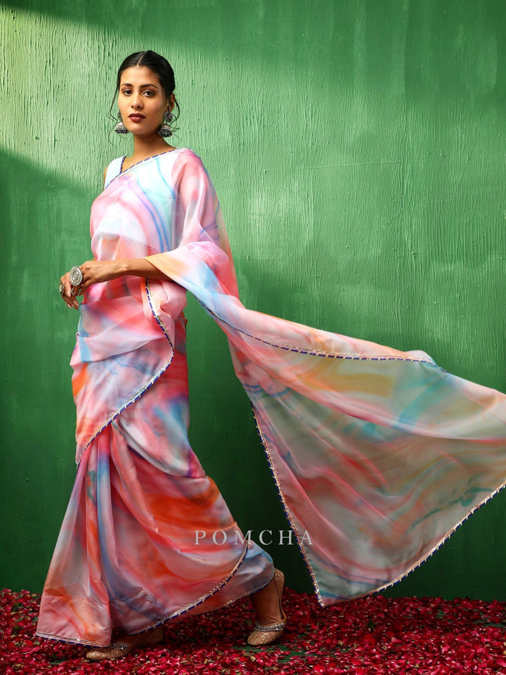 ADAA PINK MARBLE PRINT ORGANZA SAREE - Pomcha Jaipur