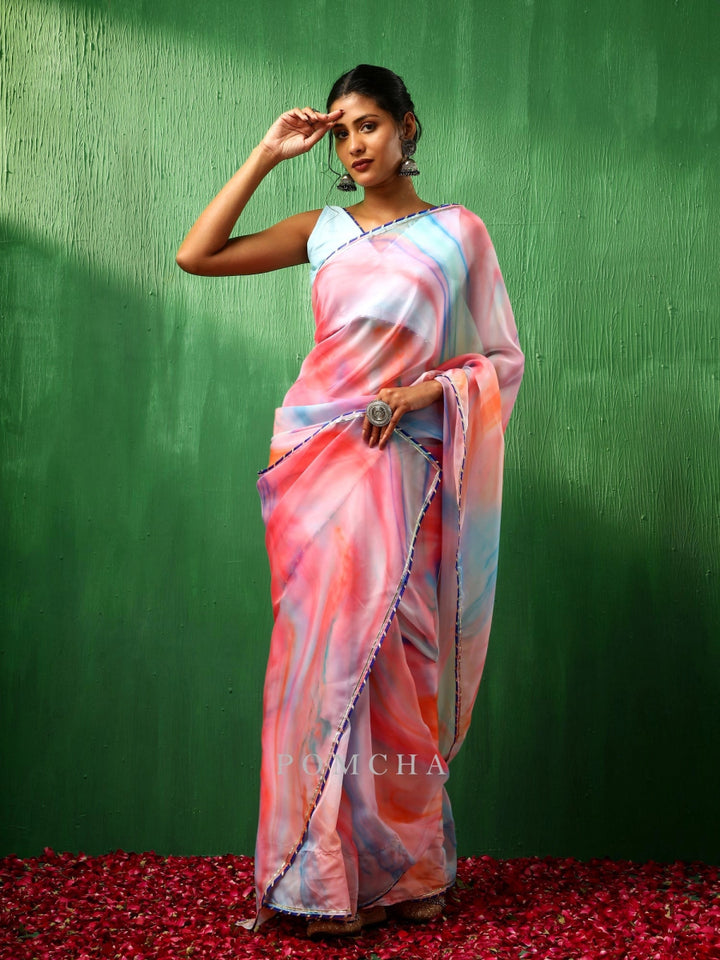 ADAA PINK MARBLE PRINT ORGANZA SAREE - Pomcha Jaipur