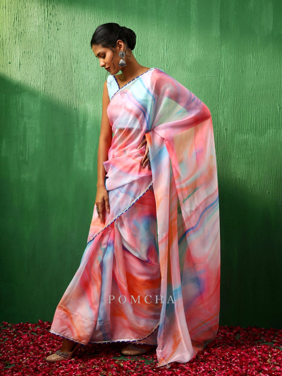 ADAA PINK MARBLE PRINT ORGANZA SAREE - Pomcha Jaipur
