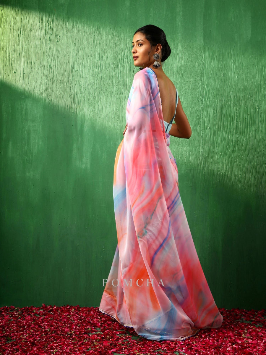 ADAA PINK MARBLE PRINT ORGANZA SAREE - Pomcha Jaipur