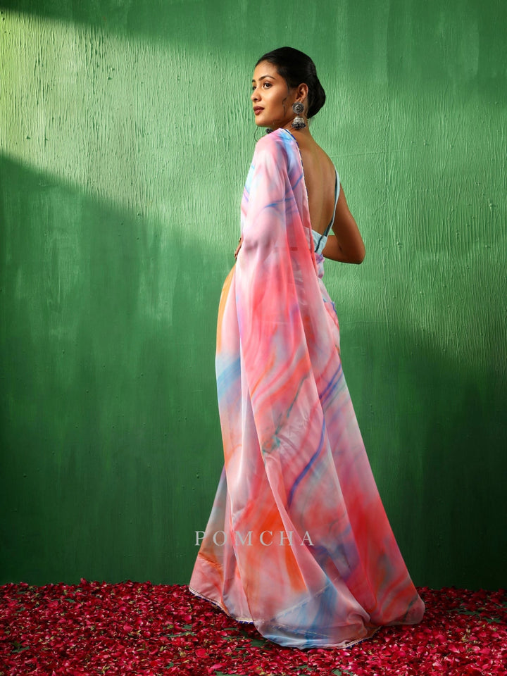 ADAA PINK MARBLE PRINT ORGANZA SAREE - Pomcha Jaipur