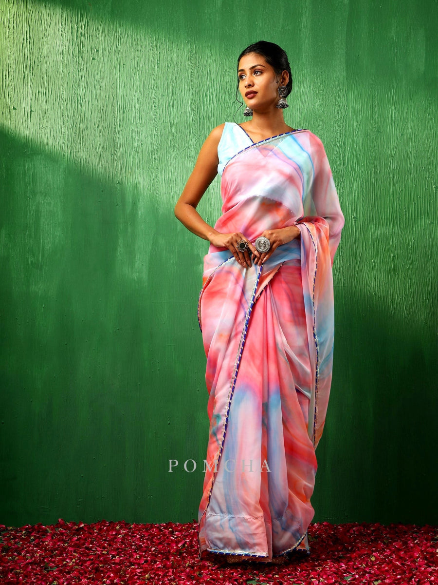 ADAA PINK MARBLE PRINT ORGANZA SAREE - Pomcha Jaipur