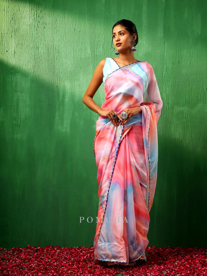 ADAA PINK MARBLE PRINT ORGANZA SAREE - Pomcha Jaipur