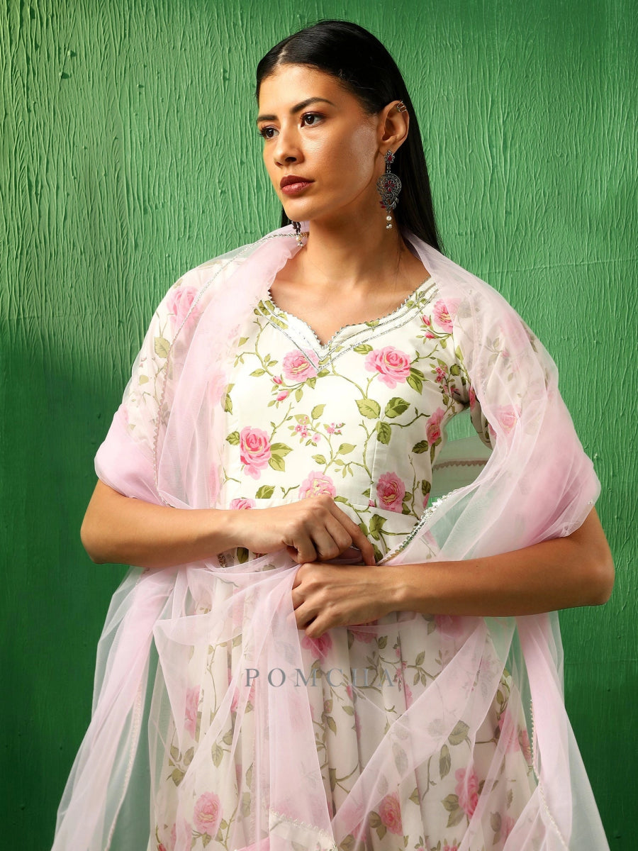 ADAA PINK ROSE COTTON ANARKALI SET WITH SOFT NET DUPATTA - Pomcha Jaipur