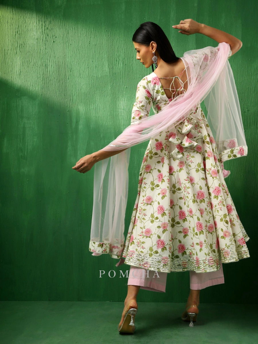 ADAA PINK ROSE COTTON ANARKALI SET WITH SOFT NET DUPATTA - Pomcha Jaipur