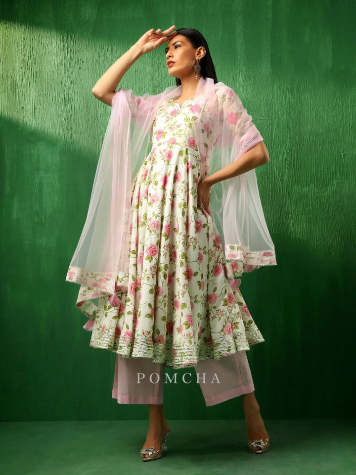 ADAA PINK ROSE COTTON ANARKALI SET WITH SOFT NET DUPATTA - Pomcha Jaipur