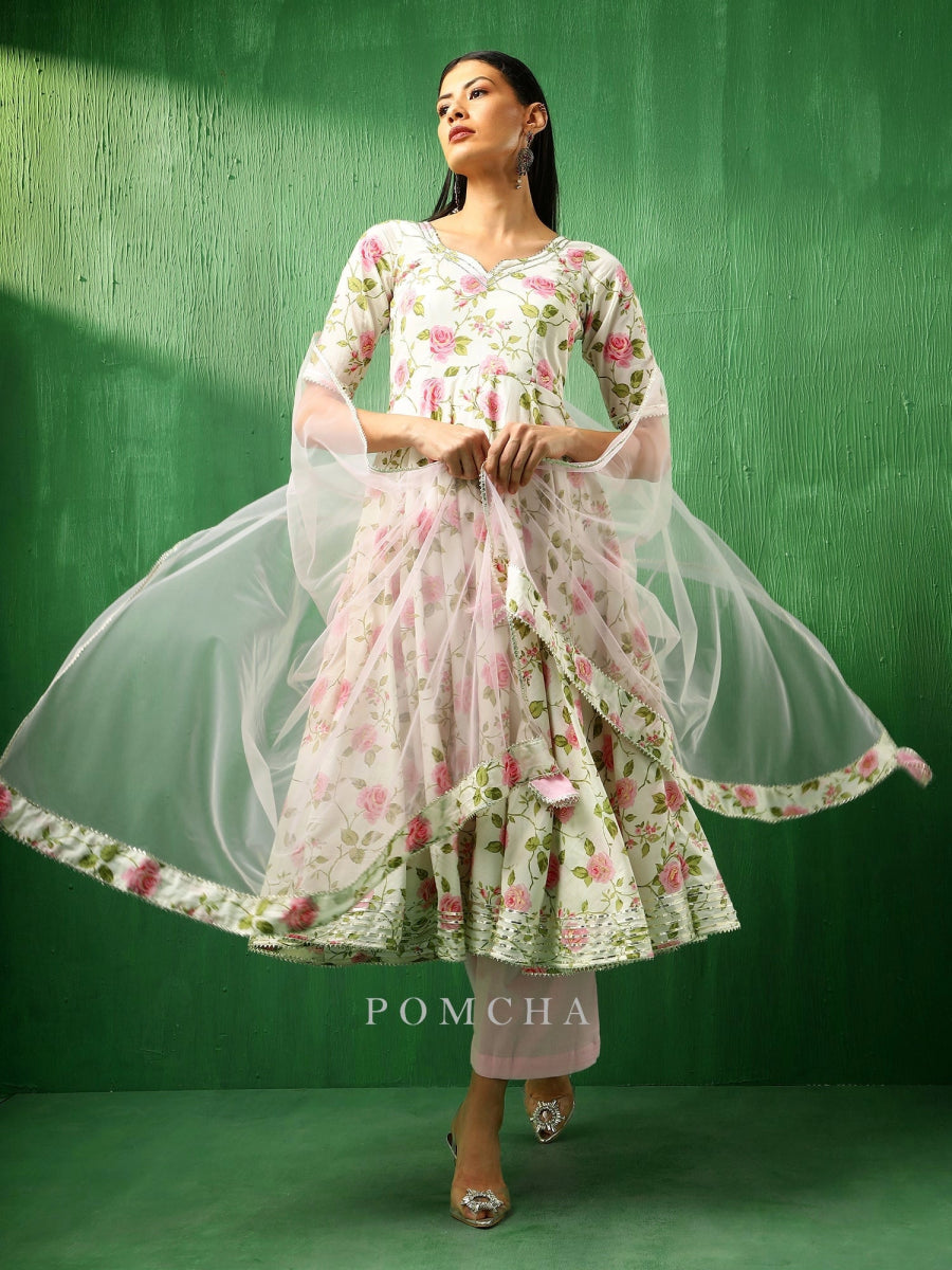 ADAA PINK ROSE COTTON ANARKALI SET WITH SOFT NET DUPATTA - Pomcha Jaipur