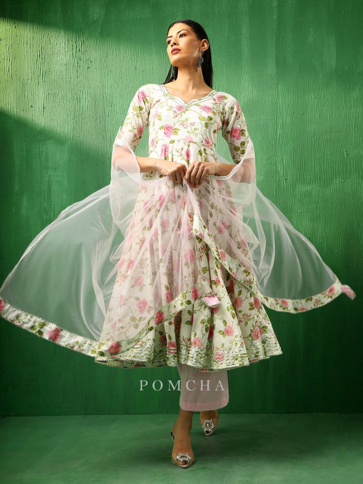 ADAA PINK ROSE COTTON ANARKALI SET WITH SOFT NET DUPATTA - Pomcha Jaipur