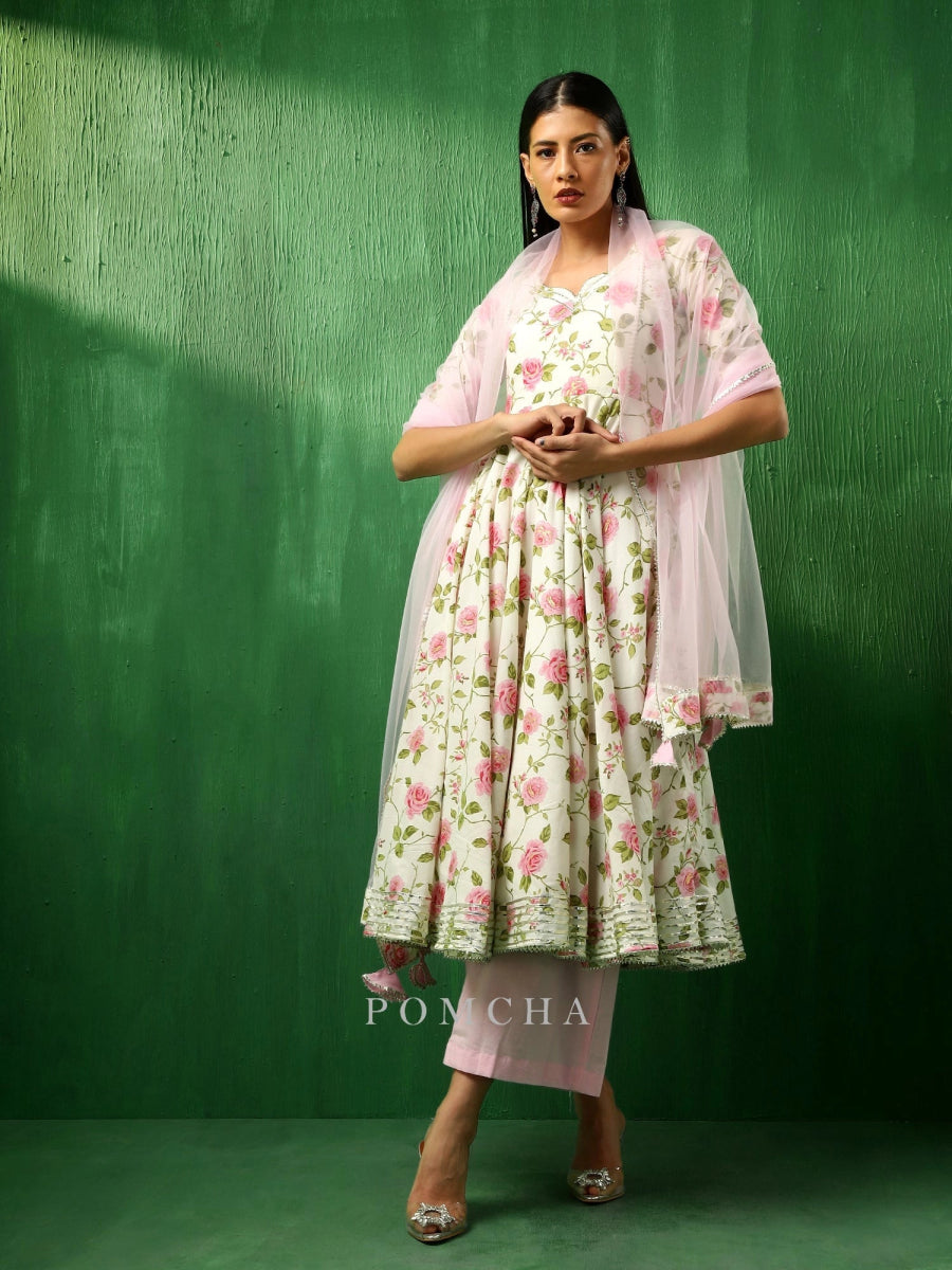 ADAA PINK ROSE COTTON ANARKALI SET WITH SOFT NET DUPATTA - Pomcha Jaipur
