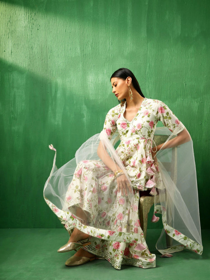 ADAA PINK ROSE COTTON SHARARA SET WITH SOFT NET DUPATTA - Pomcha Jaipur