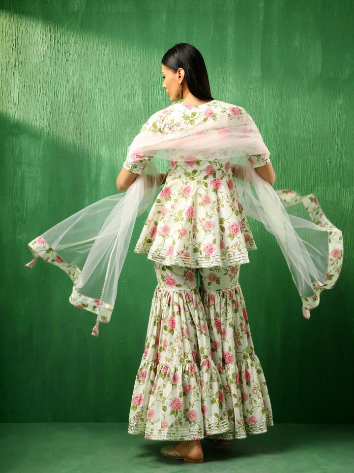 ADAA PINK ROSE COTTON SHARARA SET WITH SOFT NET DUPATTA - Pomcha Jaipur