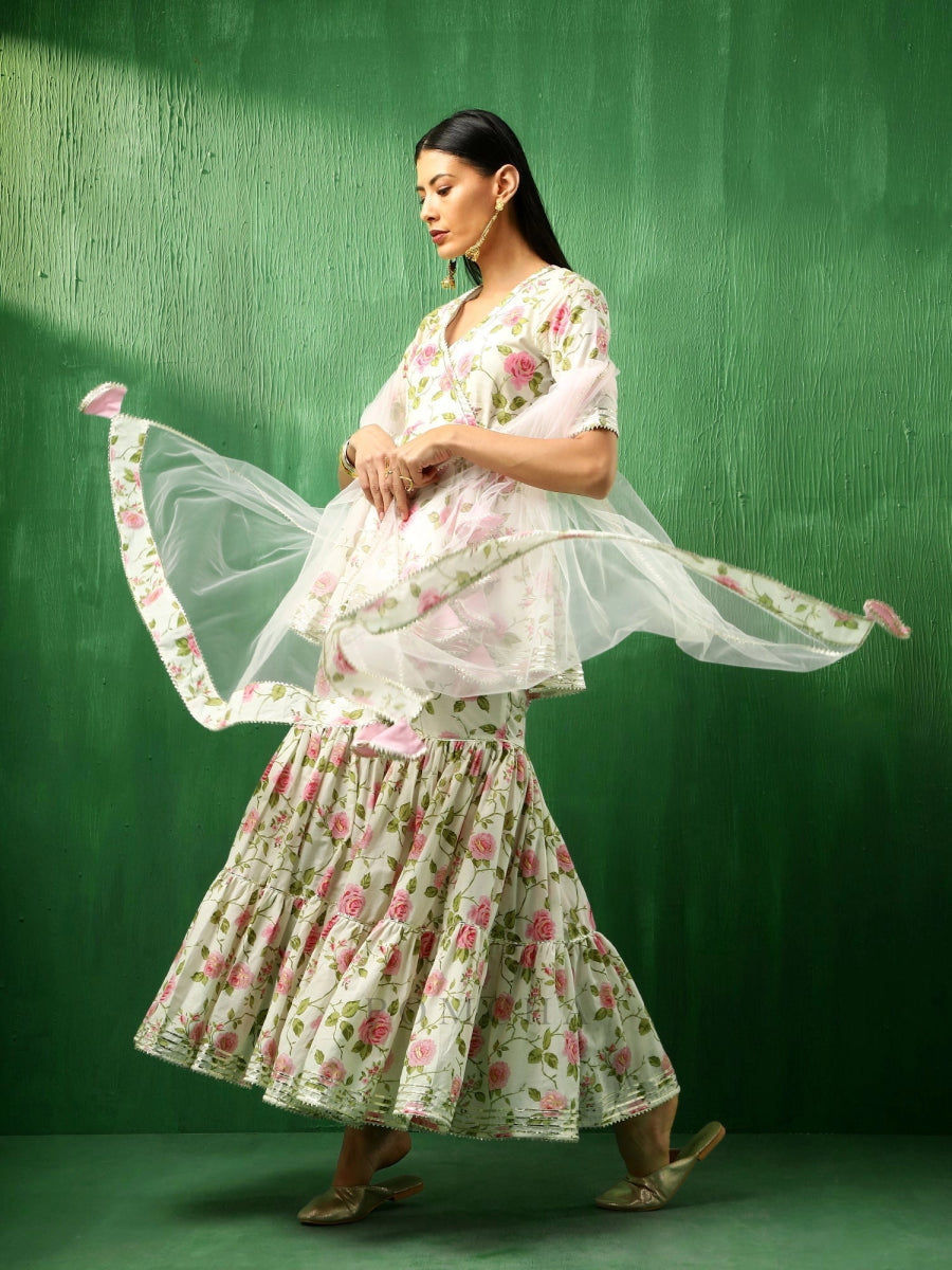 ADAA PINK ROSE COTTON SHARARA SET WITH SOFT NET DUPATTA - Pomcha Jaipur