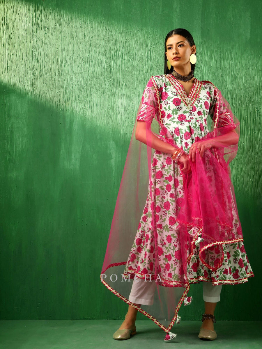ADAA PINK WHITE COTTON ANARKALI SET - Pomcha Jaipur