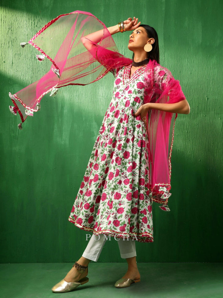 ADAA PINK WHITE COTTON ANARKALI SET - Pomcha Jaipur