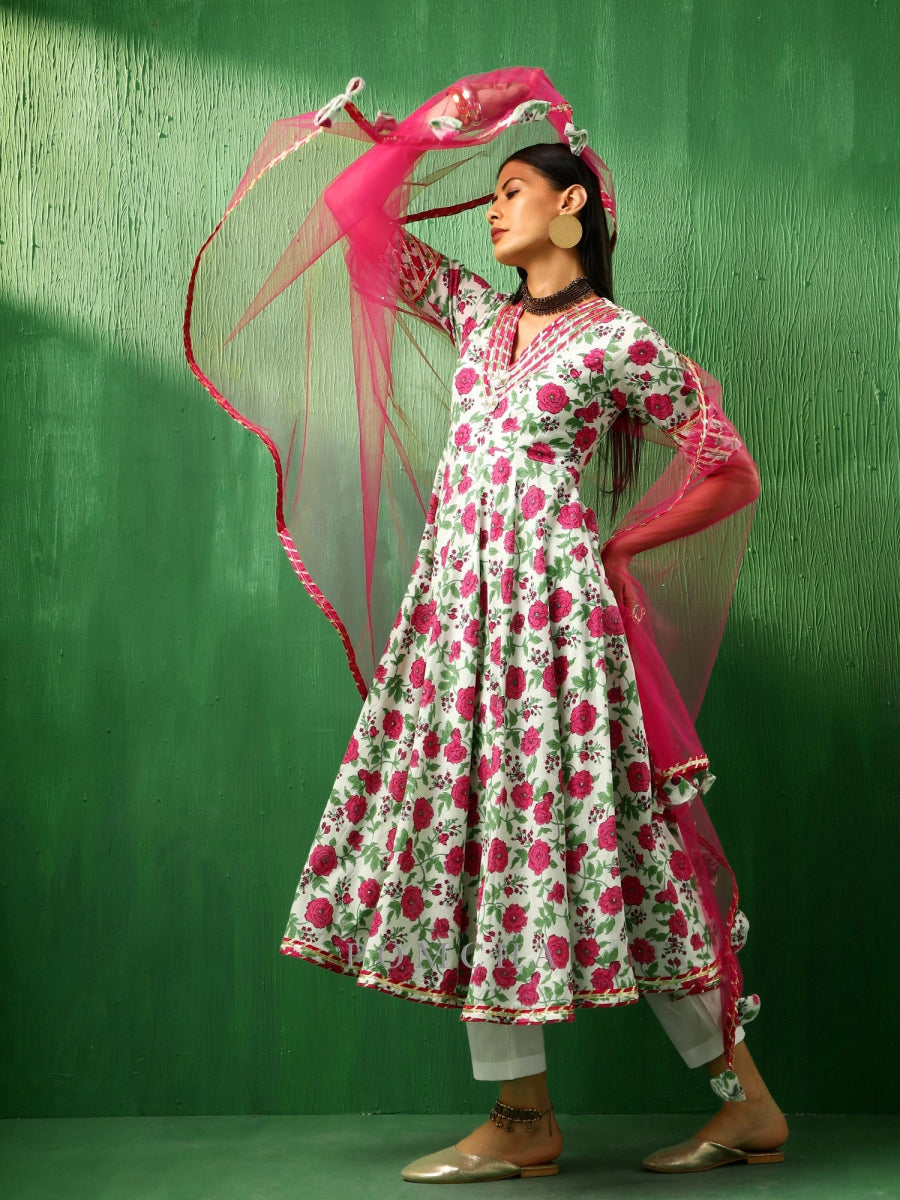ADAA PINK WHITE COTTON ANARKALI SET - Pomcha Jaipur