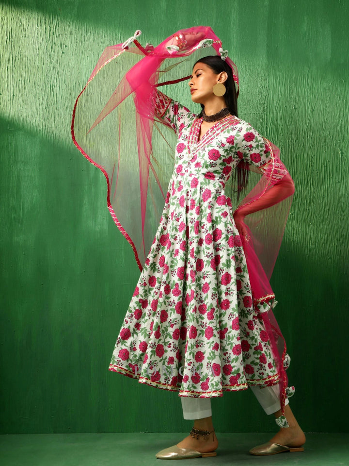 ADAA PINK WHITE COTTON ANARKALI SET - Pomcha Jaipur