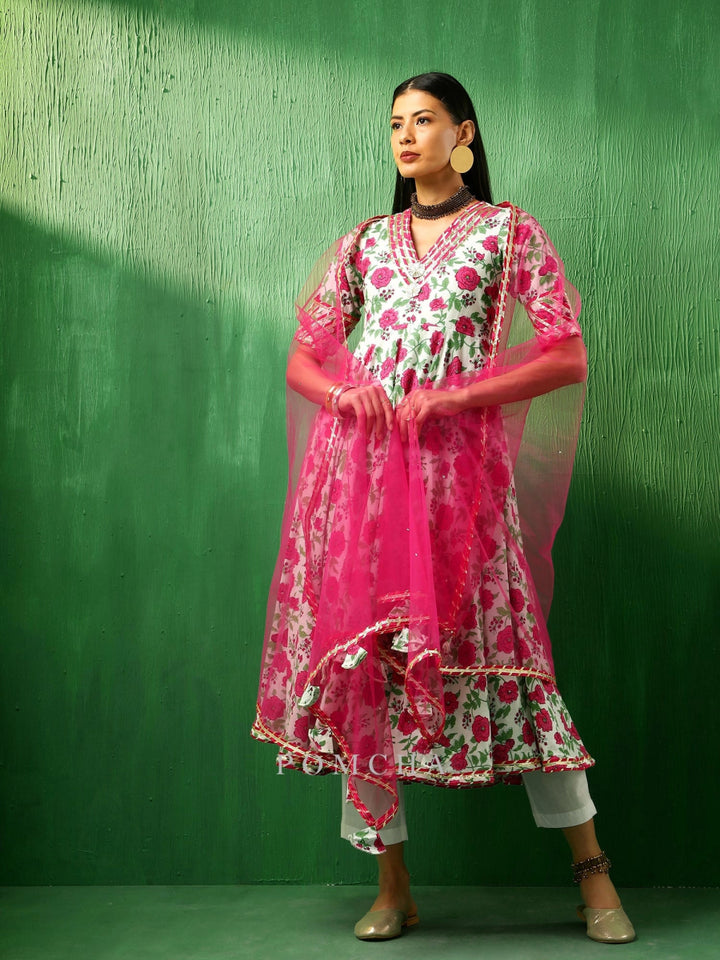 ADAA PINK WHITE COTTON ANARKALI SET - Pomcha Jaipur