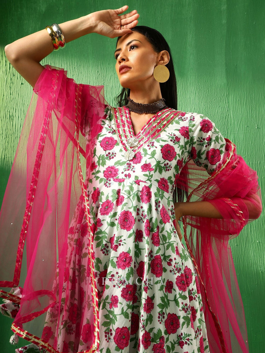 ADAA PINK WHITE COTTON ANARKALI SET - Pomcha Jaipur