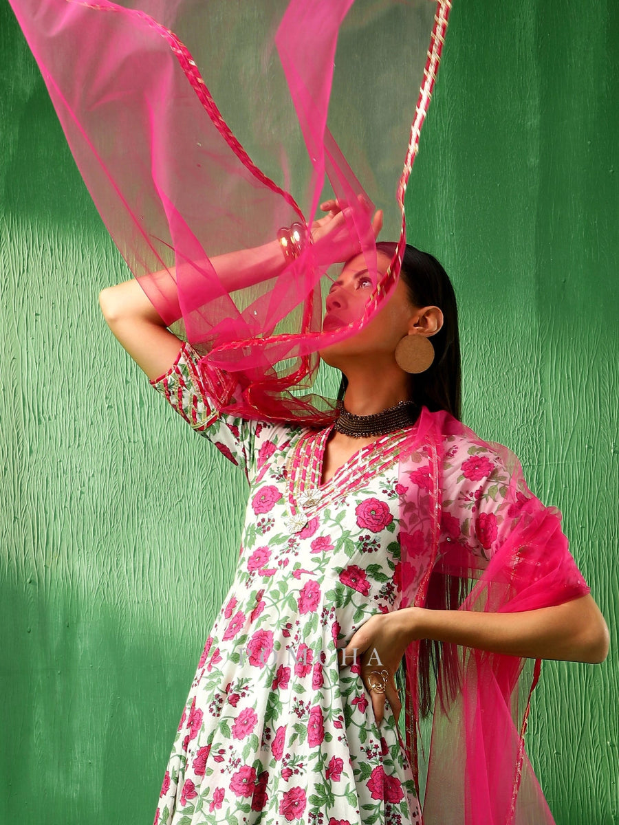 ADAA PINK WHITE COTTON ANARKALI SET - Pomcha Jaipur