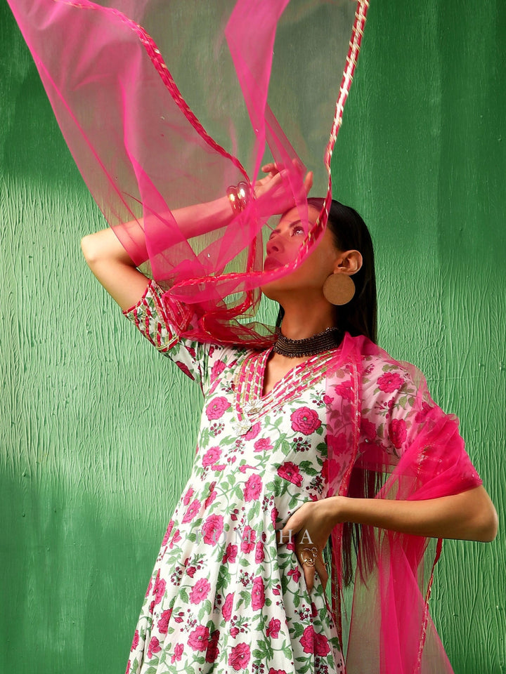 ADAA PINK WHITE COTTON ANARKALI SET - Pomcha Jaipur